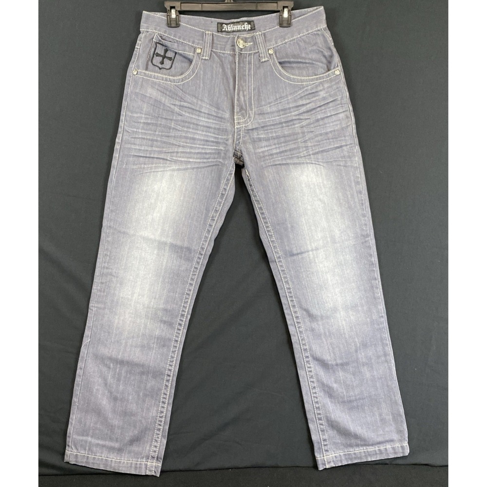 Vintage Men's Ablanche Embroidered Wide Leg Gray Baggy Jeans w/Whiskering 34 Y2K